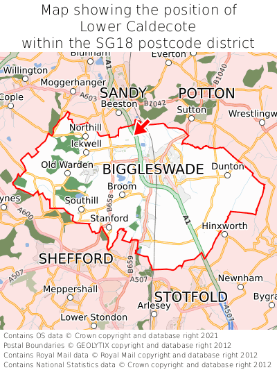 Map showing location of Lower Caldecote within SG18