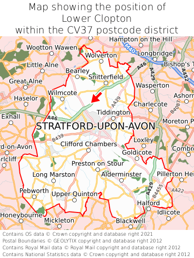 Map showing location of Lower Clopton within CV37