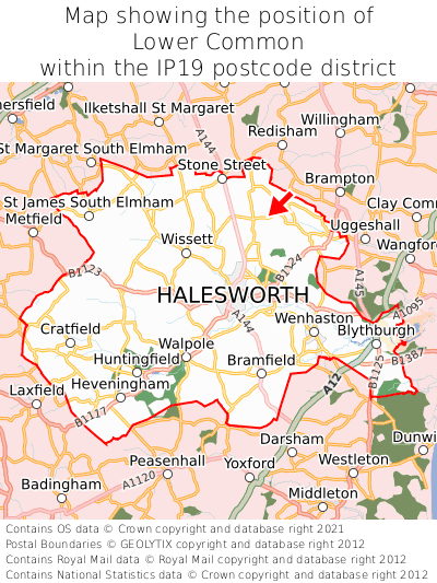 Map showing location of Lower Common within IP19