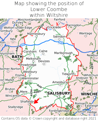 Map showing location of Lower Coombe within Wiltshire