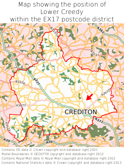 Map showing location of Lower Creedy within EX17