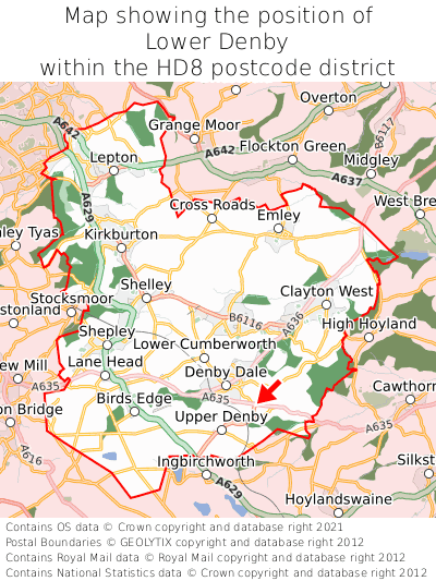 Map showing location of Lower Denby within HD8