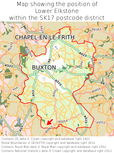 Map showing location of Lower Elkstone within SK17