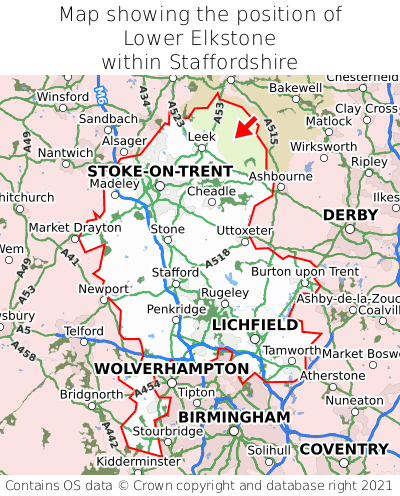 Map showing location of Lower Elkstone within Staffordshire