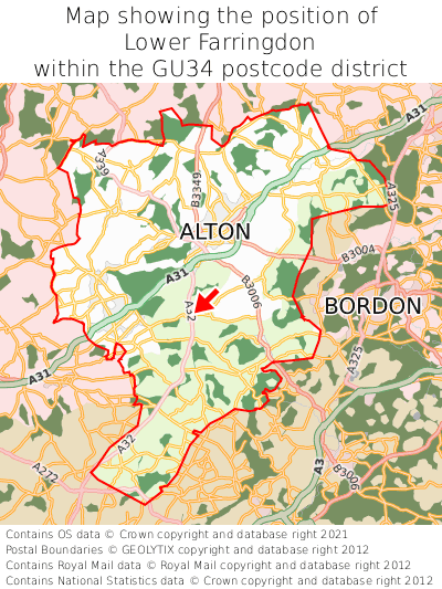 Map showing location of Lower Farringdon within GU34