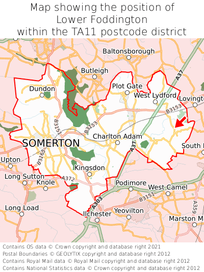 Map showing location of Lower Foddington within TA11