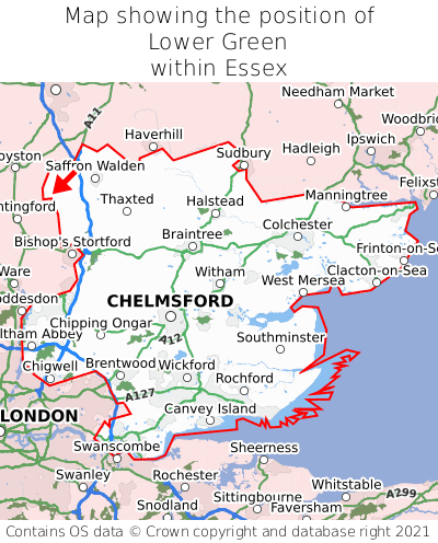 Map showing location of Lower Green within Essex