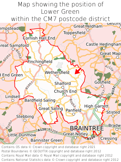 Map showing location of Lower Green within CM7
