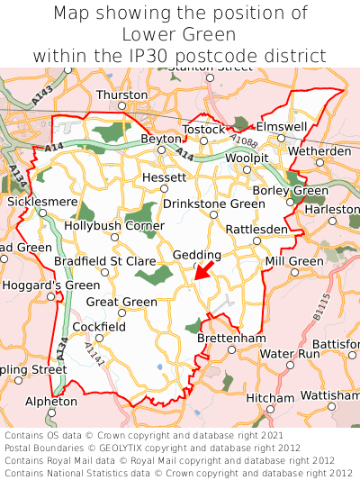 Map showing location of Lower Green within IP30