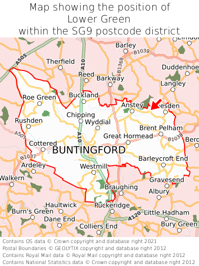 Map showing location of Lower Green within SG9