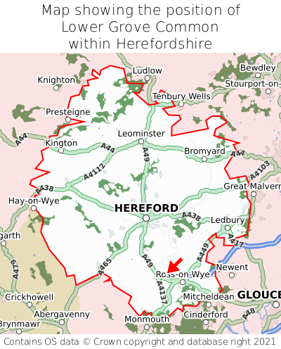 Map showing location of Lower Grove Common within Herefordshire