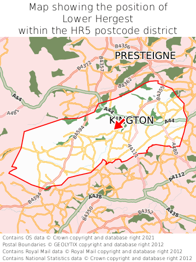 Map showing location of Lower Hergest within HR5