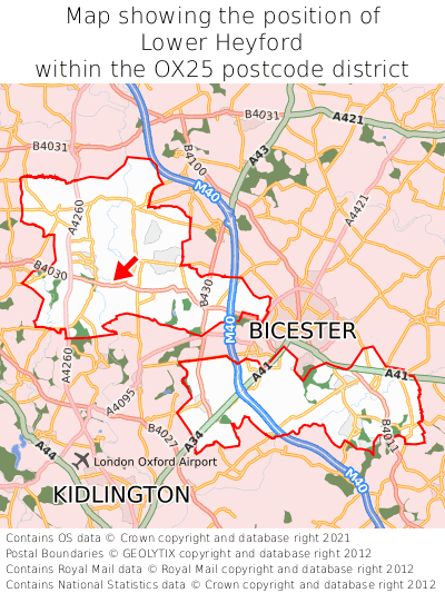 Map showing location of Lower Heyford within OX25