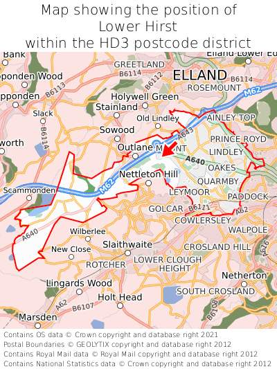 Map showing location of Lower Hirst within HD3