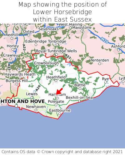 Map showing location of Lower Horsebridge within East Sussex