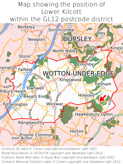 Map showing location of Lower Kilcott within GL12