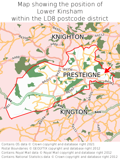 Map showing location of Lower Kinsham within LD8