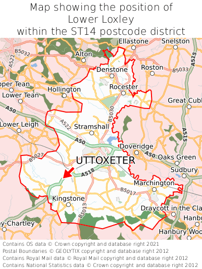 Map showing location of Lower Loxley within ST14