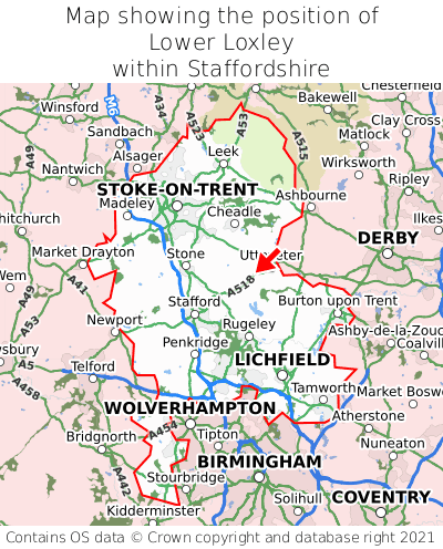 Map showing location of Lower Loxley within Staffordshire