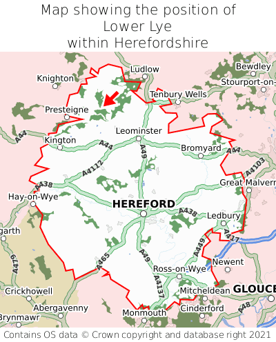 Map showing location of Lower Lye within Herefordshire