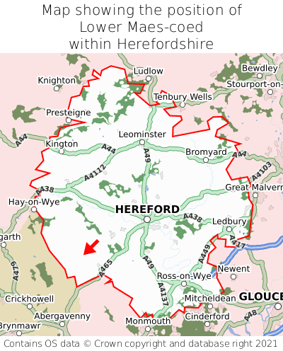 Map showing location of Lower Maes-coed within Herefordshire