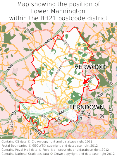 Map showing location of Lower Mannington within BH21