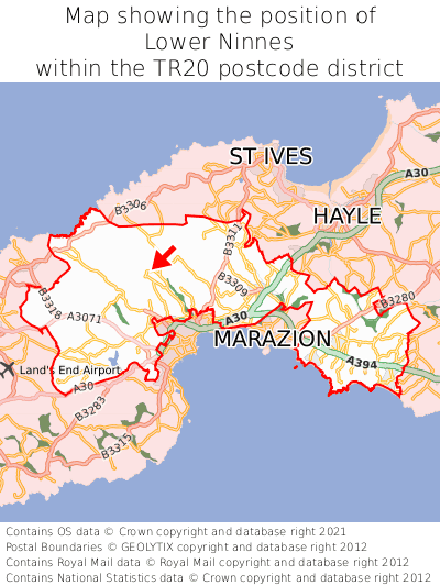 Map showing location of Lower Ninnes within TR20