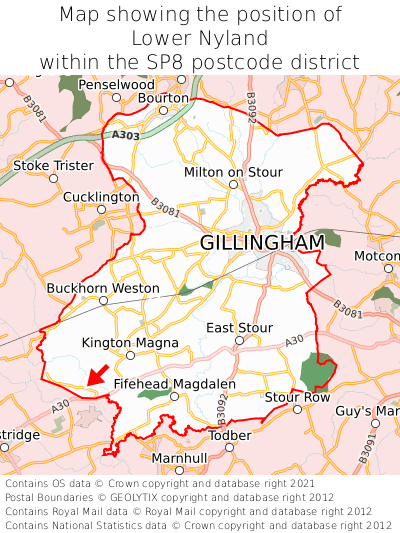 Map showing location of Lower Nyland within SP8