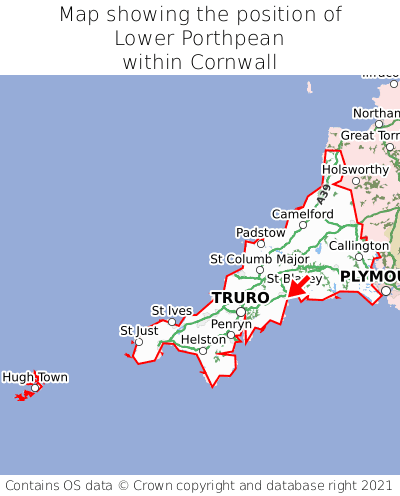 Map showing location of Lower Porthpean within Cornwall