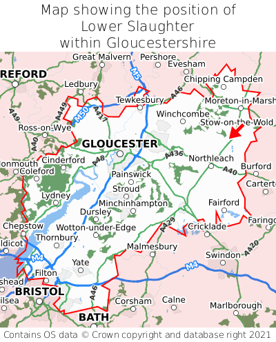 Map showing location of Lower Slaughter within Gloucestershire