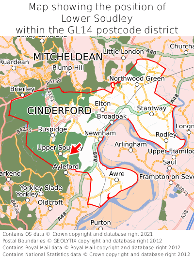 Map showing location of Lower Soudley within GL14