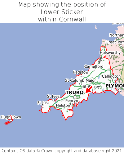 Map showing location of Lower Sticker within Cornwall