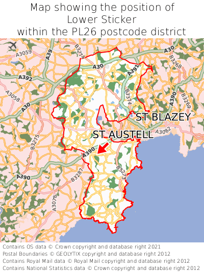 Map showing location of Lower Sticker within PL26