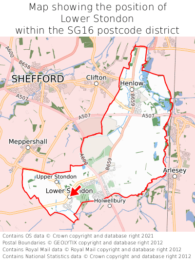 Map showing location of Lower Stondon within SG16