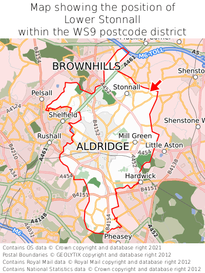 Map showing location of Lower Stonnall within WS9