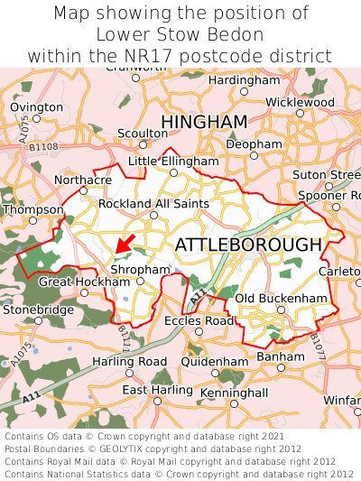 Map showing location of Lower Stow Bedon within NR17