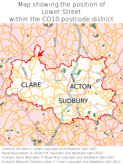 Map showing location of Lower Street within CO10