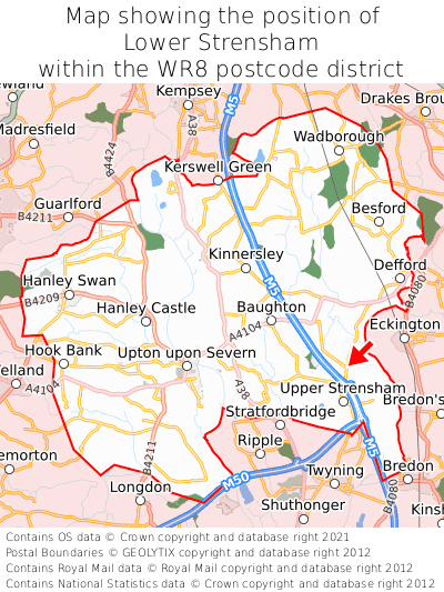 Map showing location of Lower Strensham within WR8