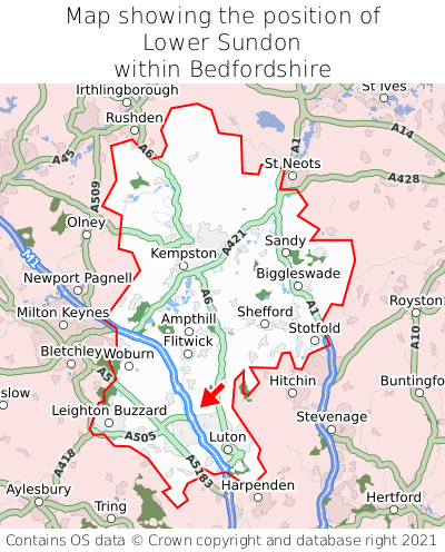 Map showing location of Lower Sundon within Bedfordshire