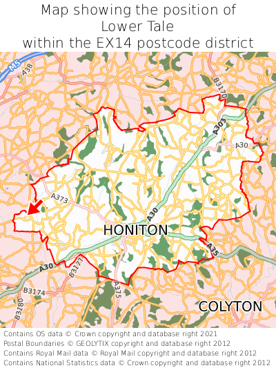 Map showing location of Lower Tale within EX14