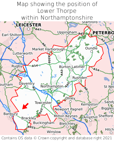 Map showing location of Lower Thorpe within Northamptonshire