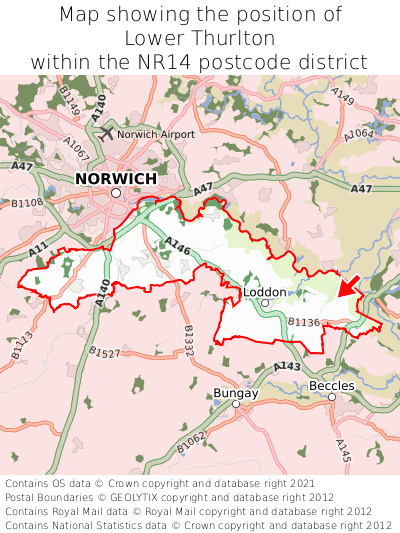 Map showing location of Lower Thurlton within NR14