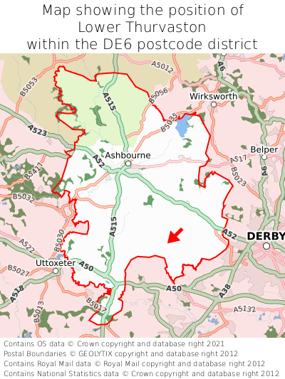 Map showing location of Lower Thurvaston within DE6