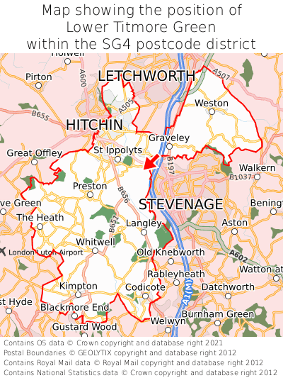 Map showing location of Lower Titmore Green within SG4