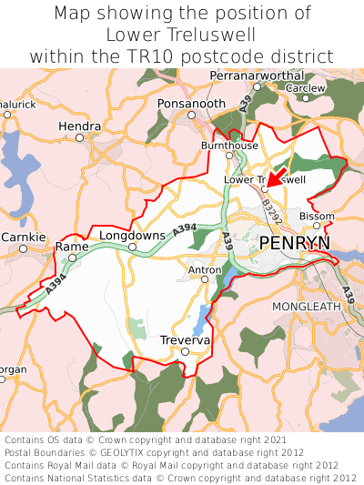 Map showing location of Lower Treluswell within TR10