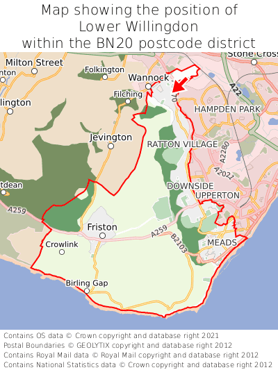 Map showing location of Lower Willingdon within BN20