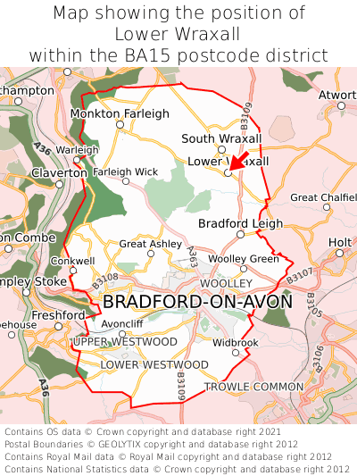 Map showing location of Lower Wraxall within BA15