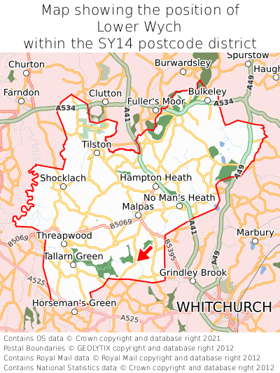 Map showing location of Lower Wych within SY14
