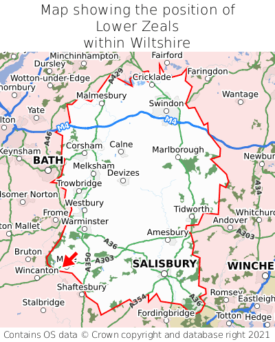 Map showing location of Lower Zeals within Wiltshire