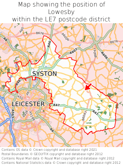 Map showing location of Lowesby within LE7